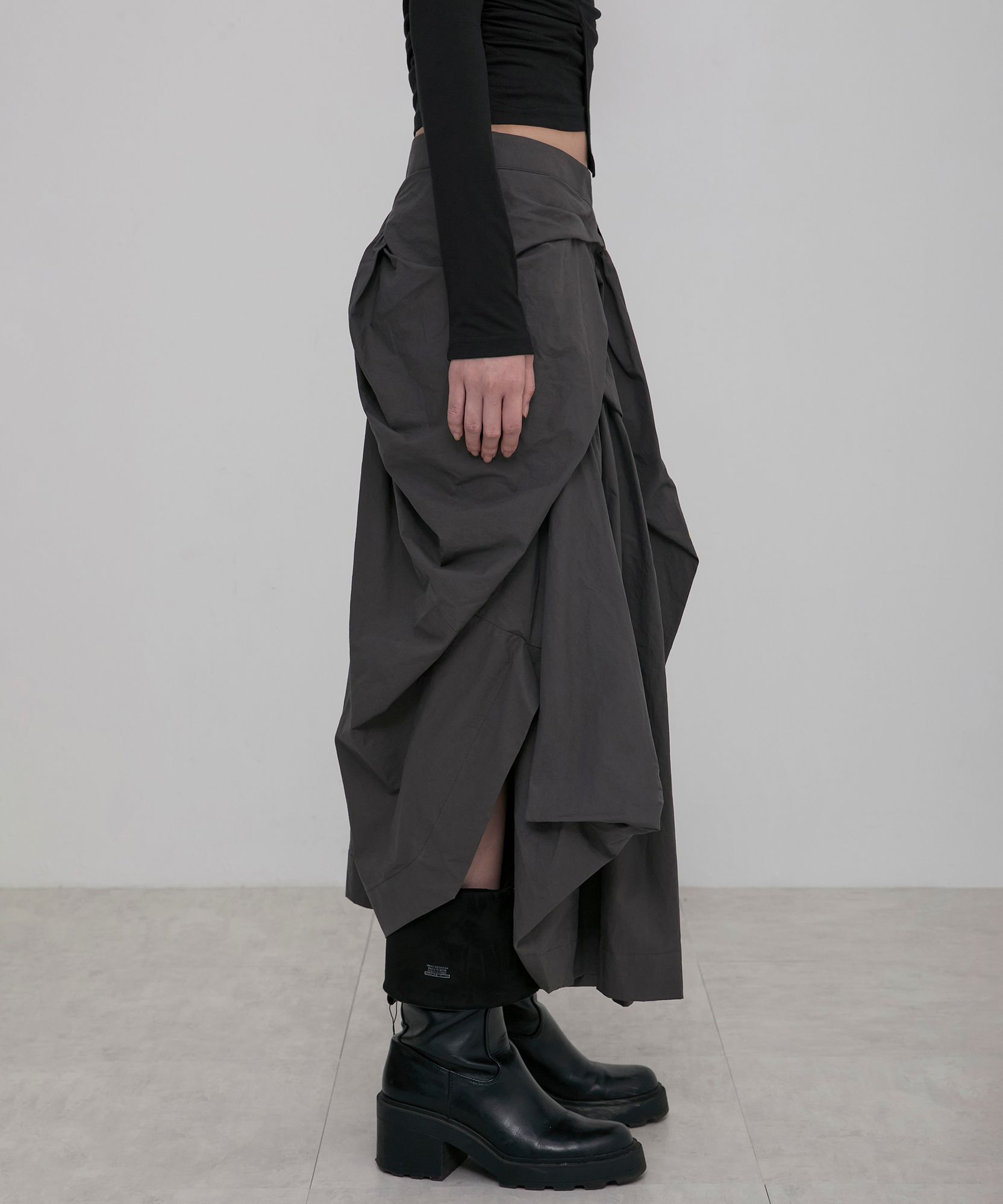 Asymmetrical Draped Layered Long Skirt (FL-256_Charcoal)